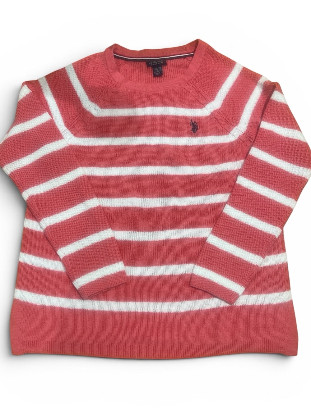 U.S. Polo Assn. Coral & White Striped Sweater, Crewneck Knit Pullover, Large